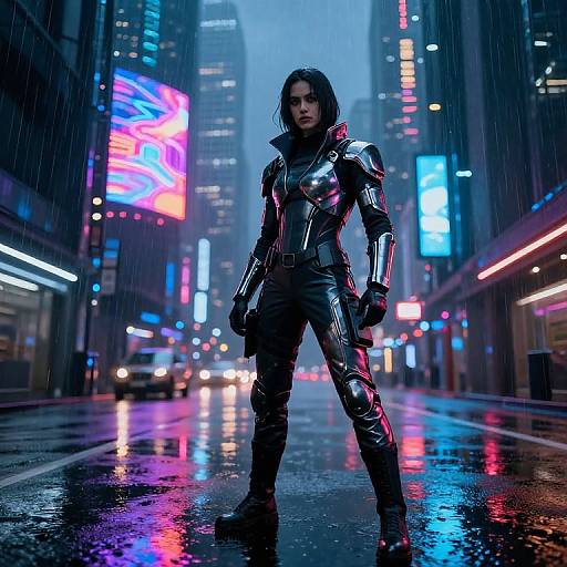 CGI image of a serious man in reflective black armor standing in a neon-lit, rainy city street at night.