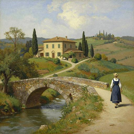 Painting of a woman in a blue dress and white blouse walking across a stone bridge, approaching a yellow farmhouse in a lush, hilly Italian countryside