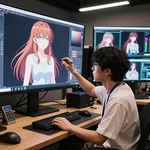 Digital artist in a modern office, painting anime girl on computer screen, using mouse with right hand, wearing white shirt, black hair.