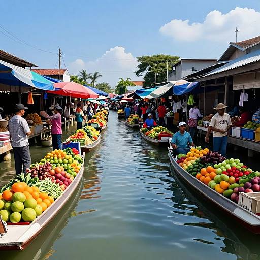 Photograph of vibrant floating market with colorful boats filled with fruits, people in casual clothes, blue sky, and shaded stalls.