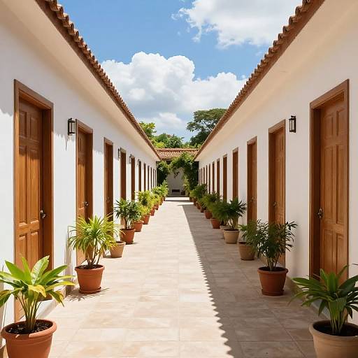 Photograph of a sunlit, narrow courtyard with white stucco walls, wooden doors, potted plants, and a tiled floor, under a