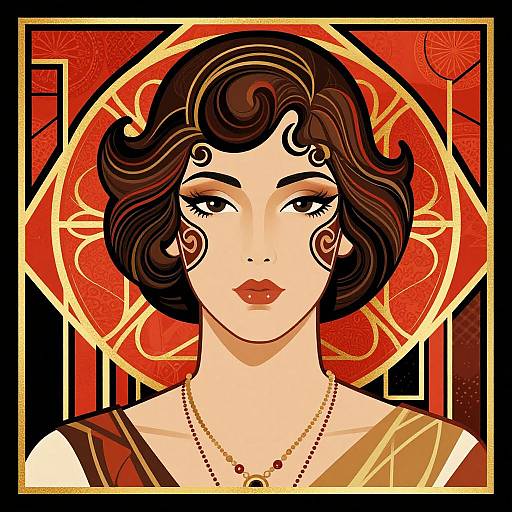 Digital art portrait of a fair-skinned woman with short, wavy brown hair, bold black facial markings, red lips, and gold necklace, set