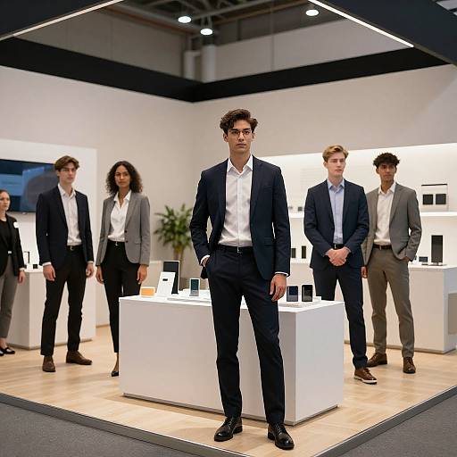 Photograph of six business professionals in formal attire, standing in a brightly lit exhibition booth displaying electronic devices. Central man in black suit and white shirt stands