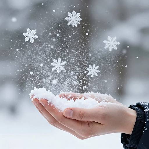 Photograph of a hand gently cupping falling snowflakes against a blurred, snowy background. The hand is pale, with a black sleeve, and