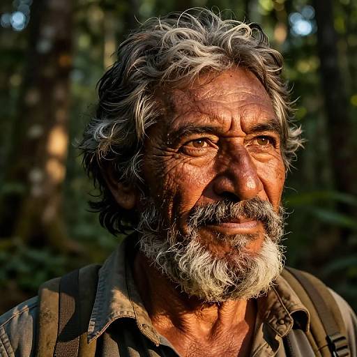 Photograph of an older, weathered Indian man with gray, curly hair and beard, wearing a dark shirt, bathed in warm forest sunlight,