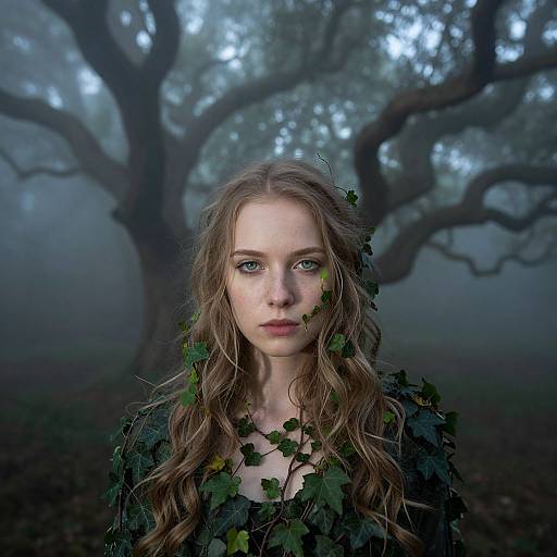 Photograph of a young woman with wavy brown hair, blue eyes, and fair skin, surrounded by green leaves, standing in front of a mist
