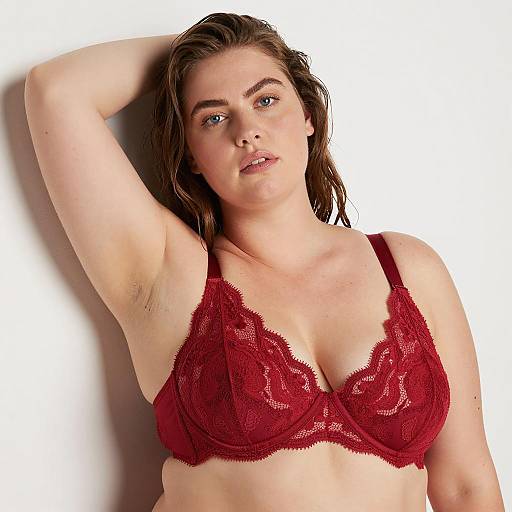 Plus-Size Woman in Red Lace Bra