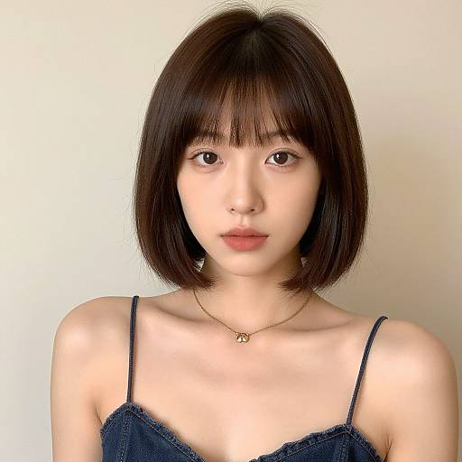 Photograph of an East Asian woman with straight, dark brown bob haircut, wearing a navy blue lace-trimmed top and gold necklace, against a