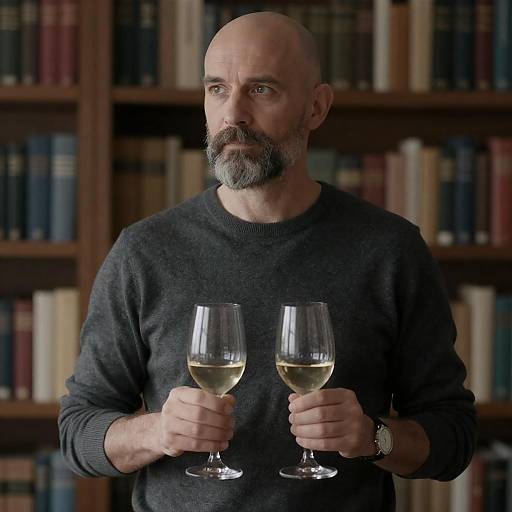 Thoughtful Man with Wine Glasses in Library