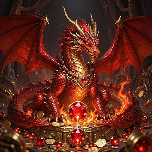 Digital artwork of a fierce red dragon with glowing eyes, golden horns, and intricate scales, sitting on a burning pedestal surrounded by red gemstones and gold