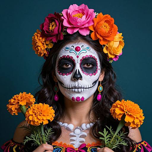 Photograph of a woman with Day of the Dead face paint, adorned with a floral headpiece, holding orange marigolds against a dark background.