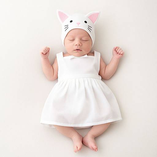 Photograph of a sleeping baby in a white dress and white cat-eared hood, lying on a white background.