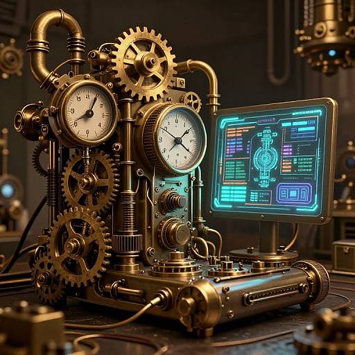 Steampunk-style CGI image of intricate brass clockwork machinery with gears, four clocks, and a neon-lit control screen displaying blue interface.