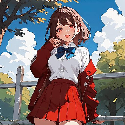 Anime-style digital drawing of a smiling, brown-haired girl in a white blouse, blue bow, red skirt, and brown jacket, sitting on a fence