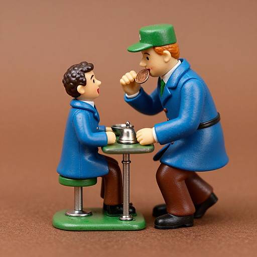 Photograph of two plastic toy detectives in blue suits, green hats, and brown pants, one sitting, one kneeling, examining a teapot on a
