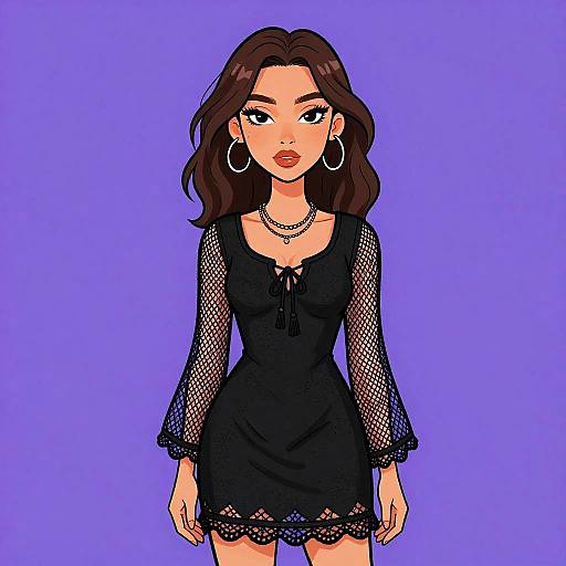 Digital drawing of a confident woman with wavy brown hair, wearing a black lace dress with fishnet sleeves, hoop earrings, and a necklace, set