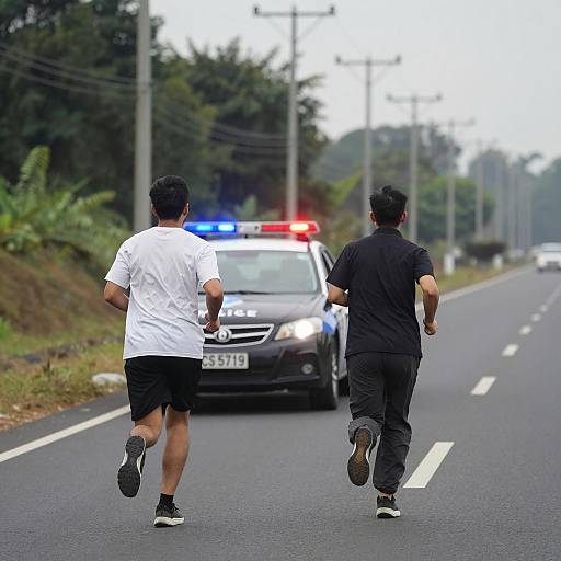 Two men running on road with police car behind