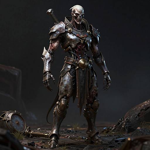 CGI image of a blood-stained, armored warrior with a white skull helmet, standing in a dark, rocky, post-apocalyptic landscape.