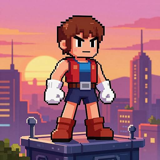 8-Bit Pixel Hero on Futuristic Rooftop