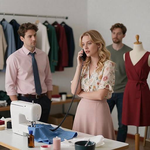 Busy Sewing Room: Four People Interact