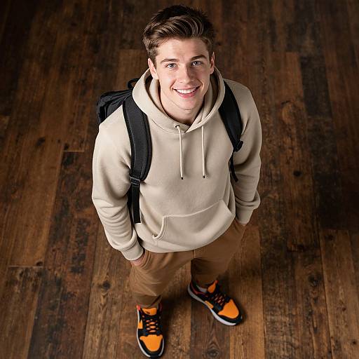 Photograph of a smiling young man with light brown hair, wearing a beige hoodie, tan pants, orange sneakers, and a black backpack, standing on