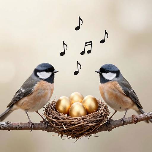 Photograph of two blue-and-orange songbirds with black-and-white faces, sitting in a nest with golden eggs, musical notes floating above.