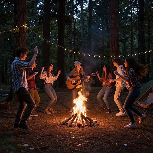 Group of six young people dancing around a campfire in a forest, playing guitars, wearing casual clothes, under string lights. Photographic image.