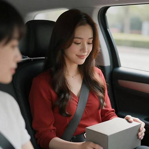 Sunlit Woman in Car with Box