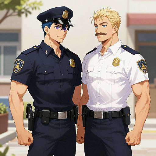 Muscular Police Couple Face-to-Face