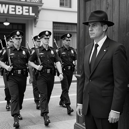 Serious Man and Officers in Black and White