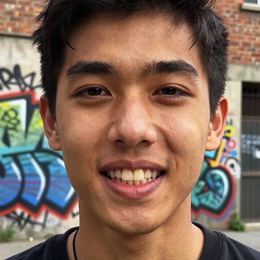 Close-up photograph of a smiling young Asian man with short black hair, wearing a black shirt, against a colorful graffiti wall.
