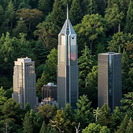 Photograph of three modern skyscrapers amidst dense, green forest; tallest building with pointed roof and reflective glass, flanked by two shorter towers.