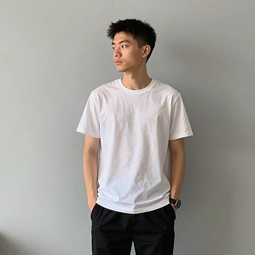 Young Man in White T-Shirt Against Gray Wall