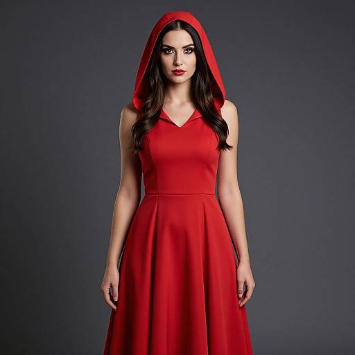 Photograph of a striking woman with fair skin, dark wavy hair, red hooded dress, and bold red lipstick, standing against a dark blue