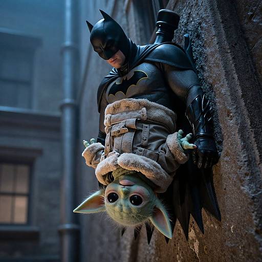 Photorealistic CGI of Batman in dark armor, hanging against a brick wall, with upside-down, wide-eyed, furry cat-like character below. Urban