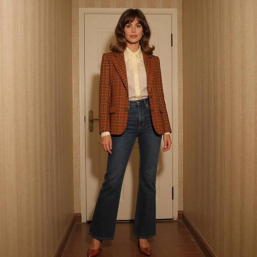 1970s Vintage Fashion Woman in Plaid Blazer and Flared Jeans