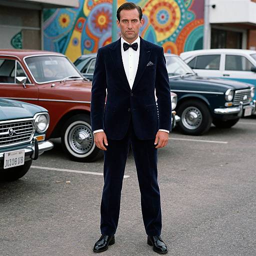 Photograph of a serious-looking man in a black tuxedo with bow tie, standing in front of vintage cars, colorful graffiti backdrop.