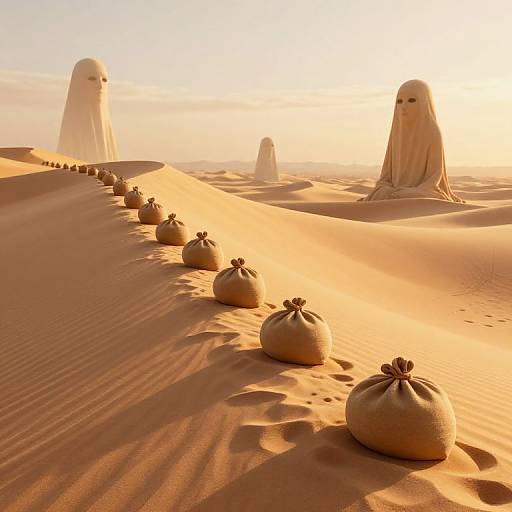 Photograph of a sunlit desert with four ghost-like figures in white cloaks, standing on sand dunes, and a line of tied sacks stretching