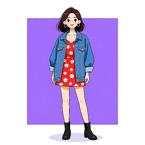 Cartoon-style illustration of a smiling woman with short brown hair, wearing a red floral dress, blue denim jacket, and black ankle boots, against a
