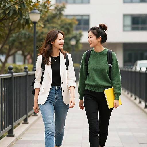 Two Young Women Walking and Chatting
