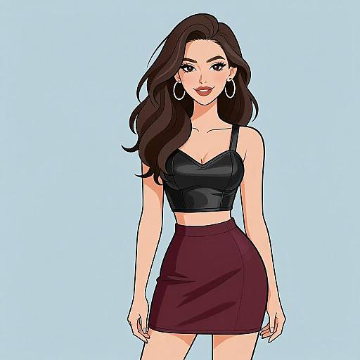 Digital illustration of a confident woman with long brown hair, wearing a black crop top and maroon mini-skirt, large hoop earrings, and a light