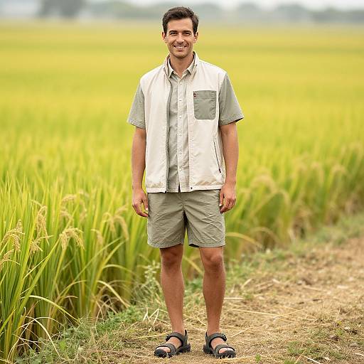 Photograph of a smiling man with short black hair, wearing a white vest, gray shirt, khaki shorts, and black sandals, standing in a