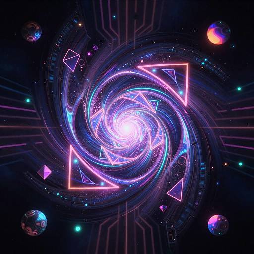 Digital art of a vibrant, neon-lit, swirling galaxy with pink and blue triangles, glowing orbs, and circuitry lines, set against a dark