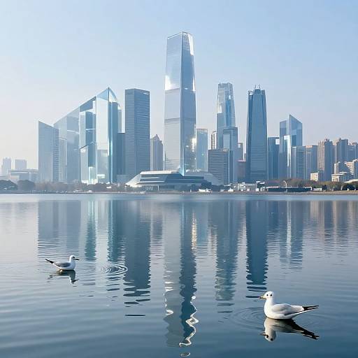 Photograph of a city skyline with modern skyscrapers reflected in calm water, featuring two white seagulls gliding on the surface.