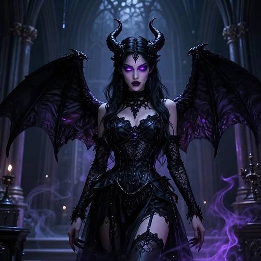 Digital artwork of a dark, gothic demon queen with glowing purple eyes, black lace corset, bat wings, and horns, standing in a mist