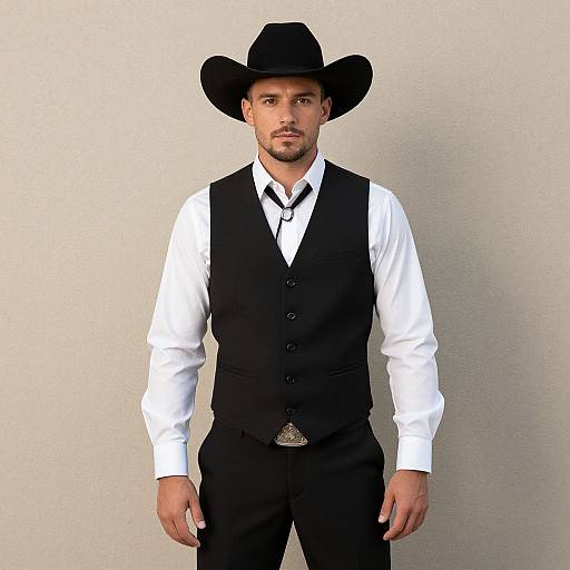 Photograph of a handsome man with light skin, short brown hair, and stubble, wearing a black cowboy hat, white shirt, black vest,