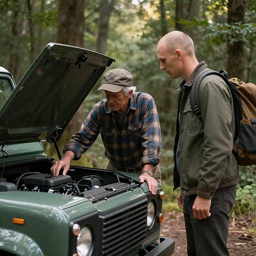 Two Men Checking Land Rover Engine in Forest