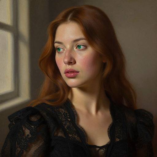 Digital painting of a fair-skinned woman with green eyes, long auburn hair, wearing a black lace top, gazing thoughtfully at sunlight