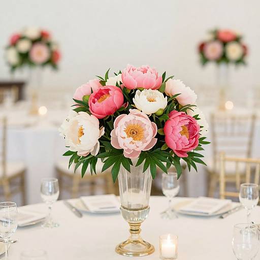 Photograph of a floral centerpiece with pink, white peonies in a glass vase, set on a white table with gold chairs and glassware in