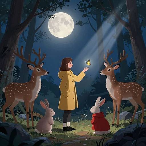 Digital illustration of a girl in a yellow coat, holding a butterfly, standing between two deer and two rabbits under a full moon in a dark forest.